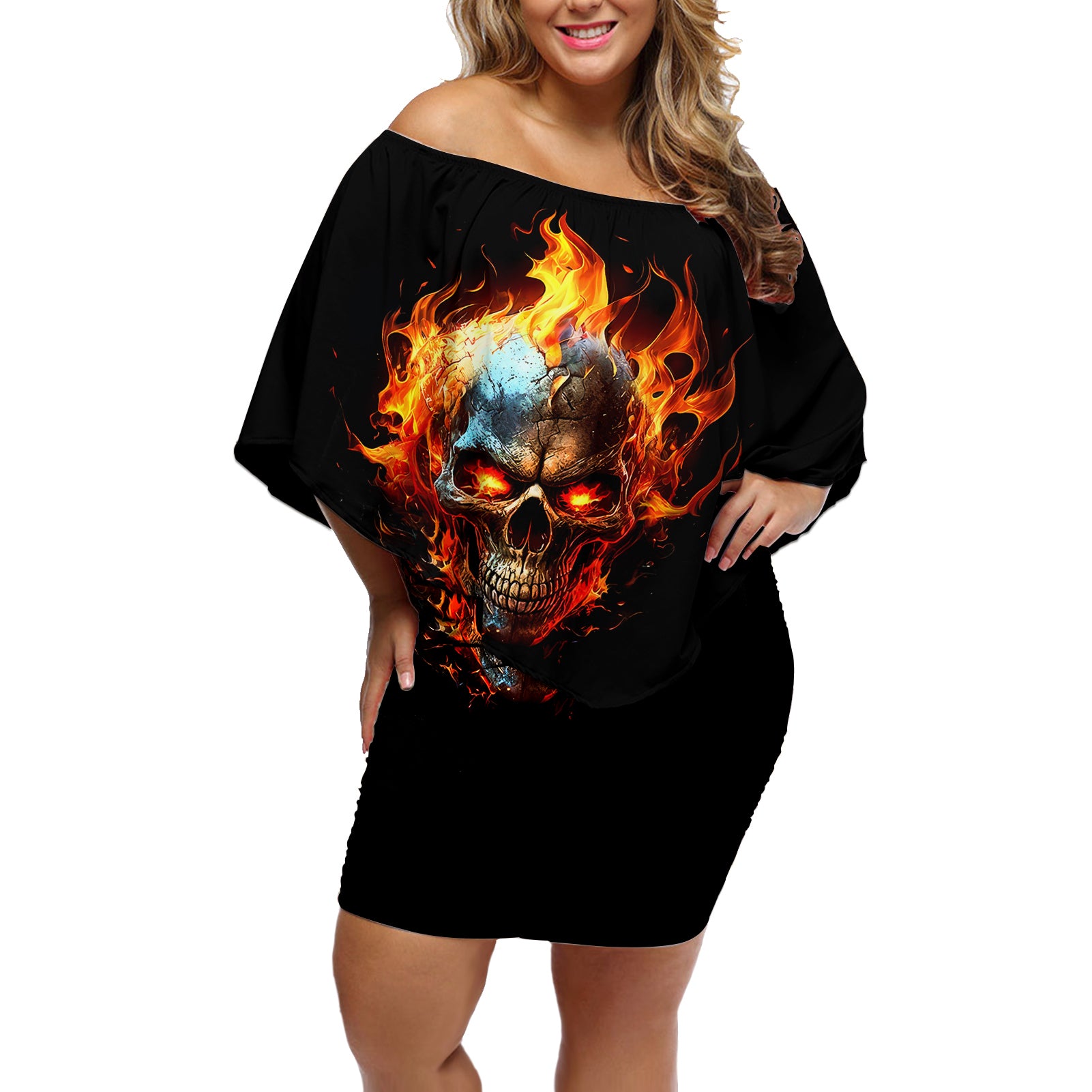 flaming-skull-off-shoulder-short-dress-celestial-riders-with-angel-wings