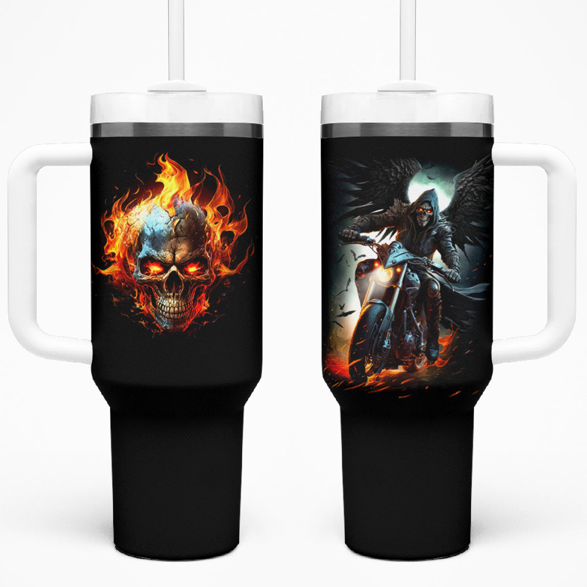 Flaming Skull Tumbler With Handle Celestial Riders with Angel Wings