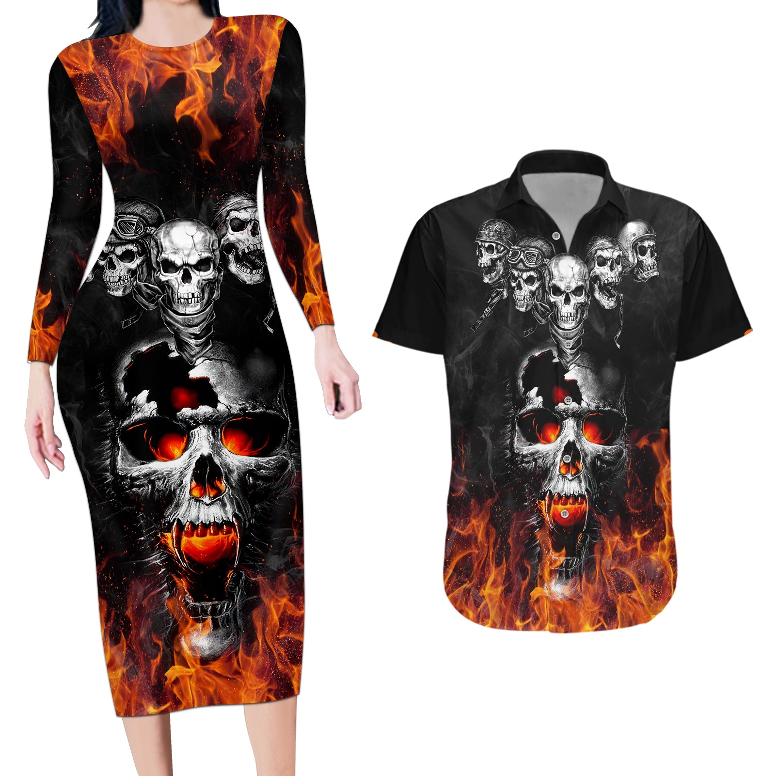 flaming-skull-hoodie-couples-matching-long-sleeve-bodycon-dress-and-hawaiian-shirt-spectral-pyre