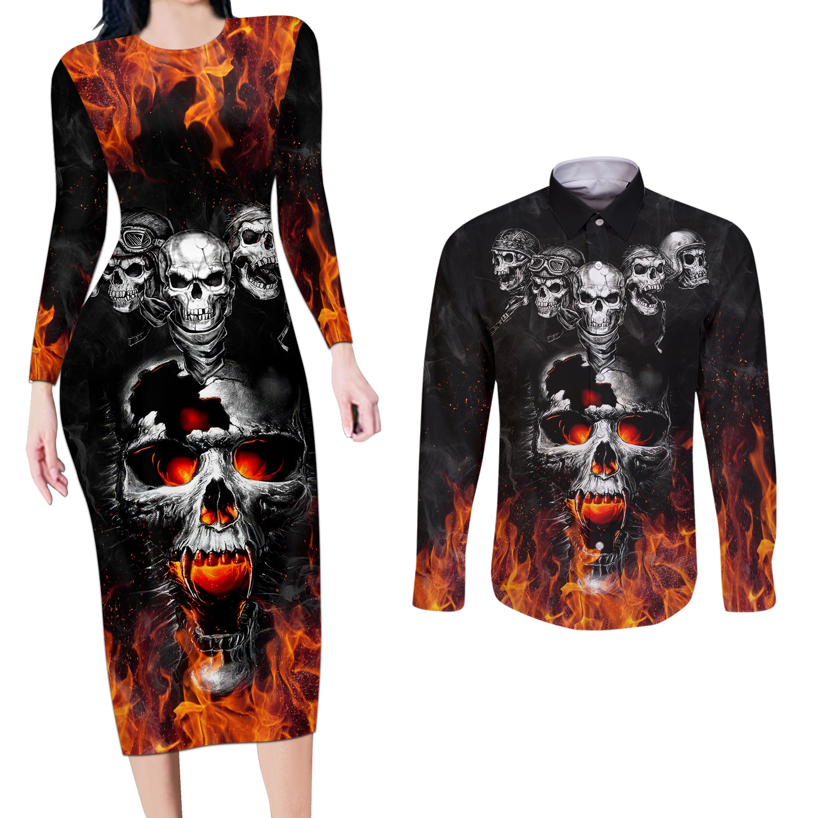 flaming-skull-hoodie-couples-matching-long-sleeve-bodycon-dress-and-long-sleeve-button-shirts-spectral-pyre