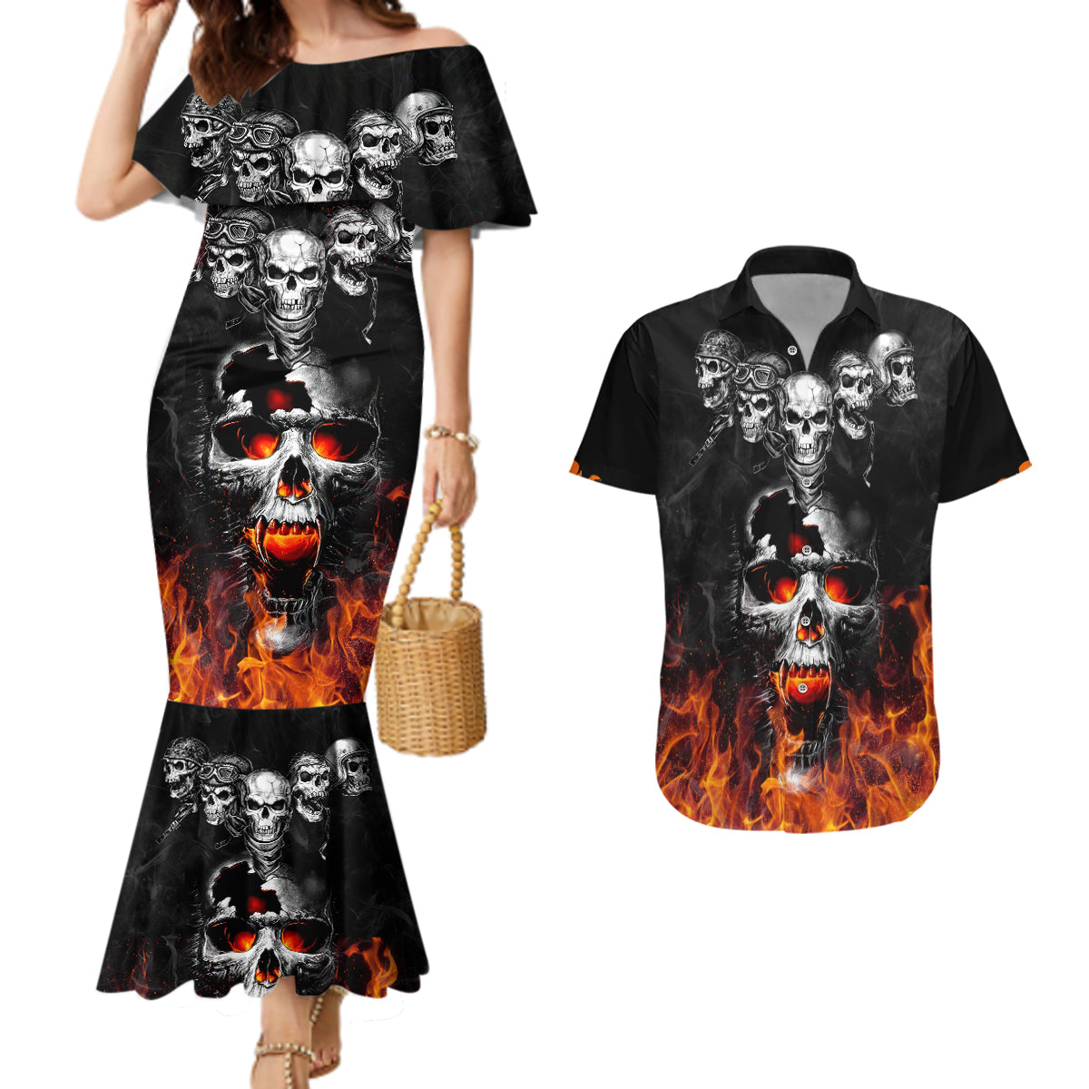 flaming-skull-hoodie-couples-matching-mermaid-dress-and-hawaiian-shirt-spectral-pyre