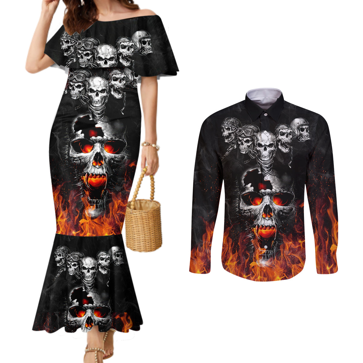 flaming-skull-hoodie-couples-matching-mermaid-dress-and-long-sleeve-button-shirts-spectral-pyre