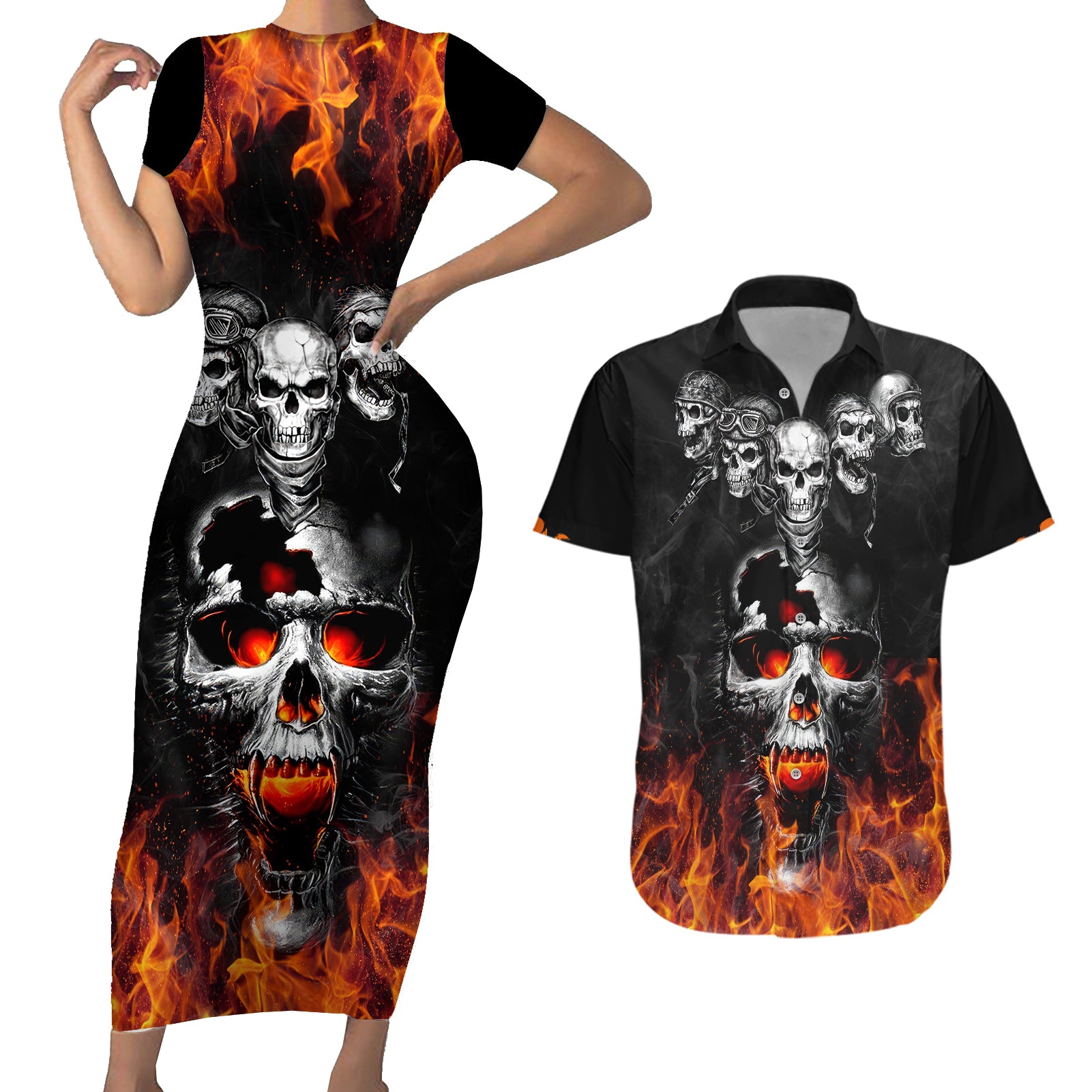 flaming-skull-hoodie-couples-matching-short-sleeve-bodycon-dress-and-hawaiian-shirt-spectral-pyre