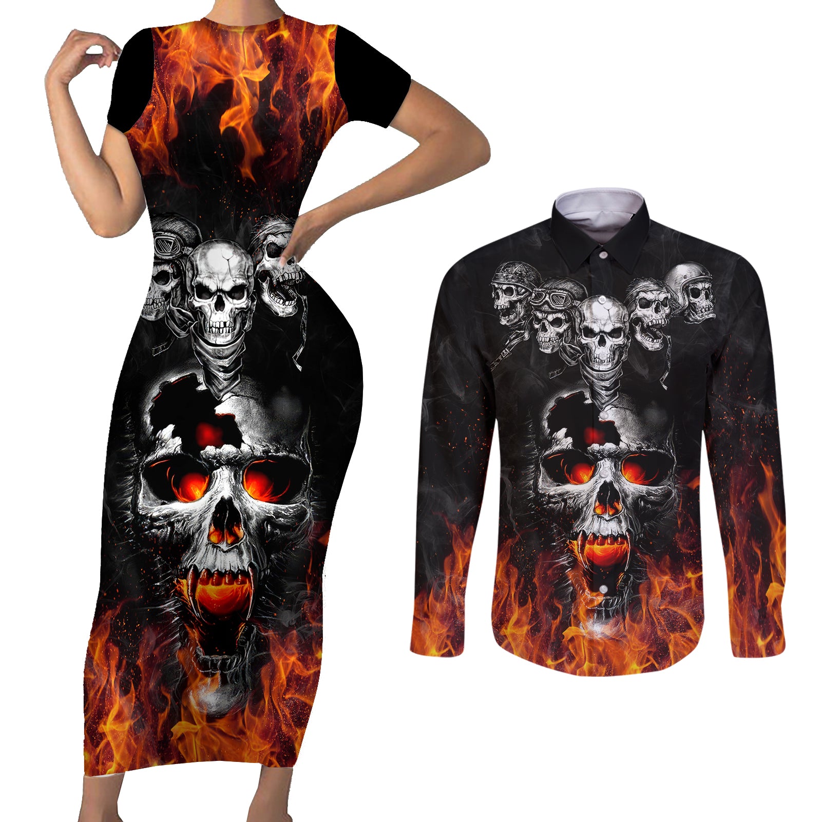 flaming-skull-hoodie-couples-matching-short-sleeve-bodycon-dress-and-long-sleeve-button-shirts-spectral-pyre