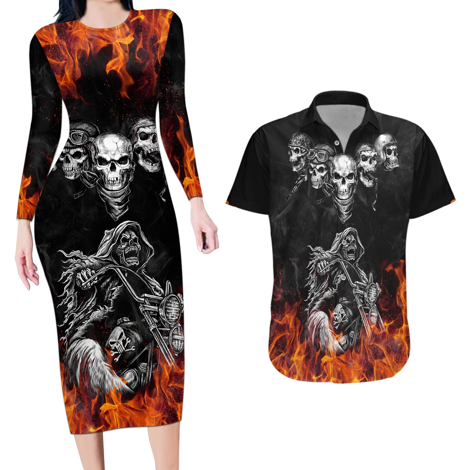 skull-couples-matching-long-sleeve-bodycon-dress-and-hawaiian-shirt-five-skull-with-motocycle