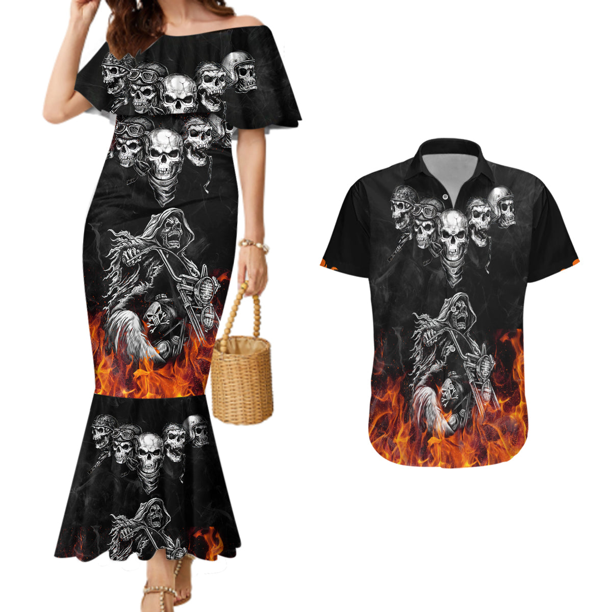 skull-couples-matching-mermaid-dress-and-hawaiian-shirt-five-skull-with-motocycle