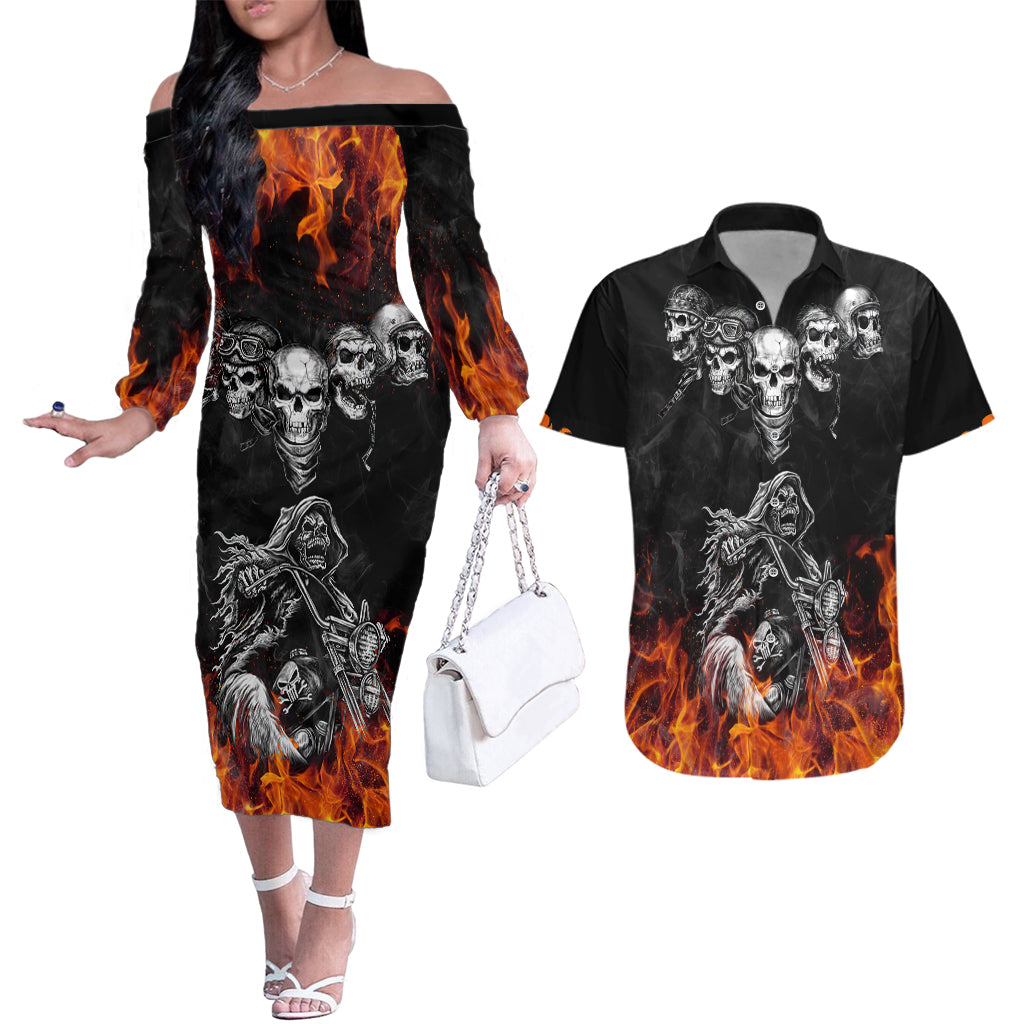 skull-couples-matching-off-the-shoulder-long-sleeve-dress-and-hawaiian-shirt-five-skull-with-motocycle