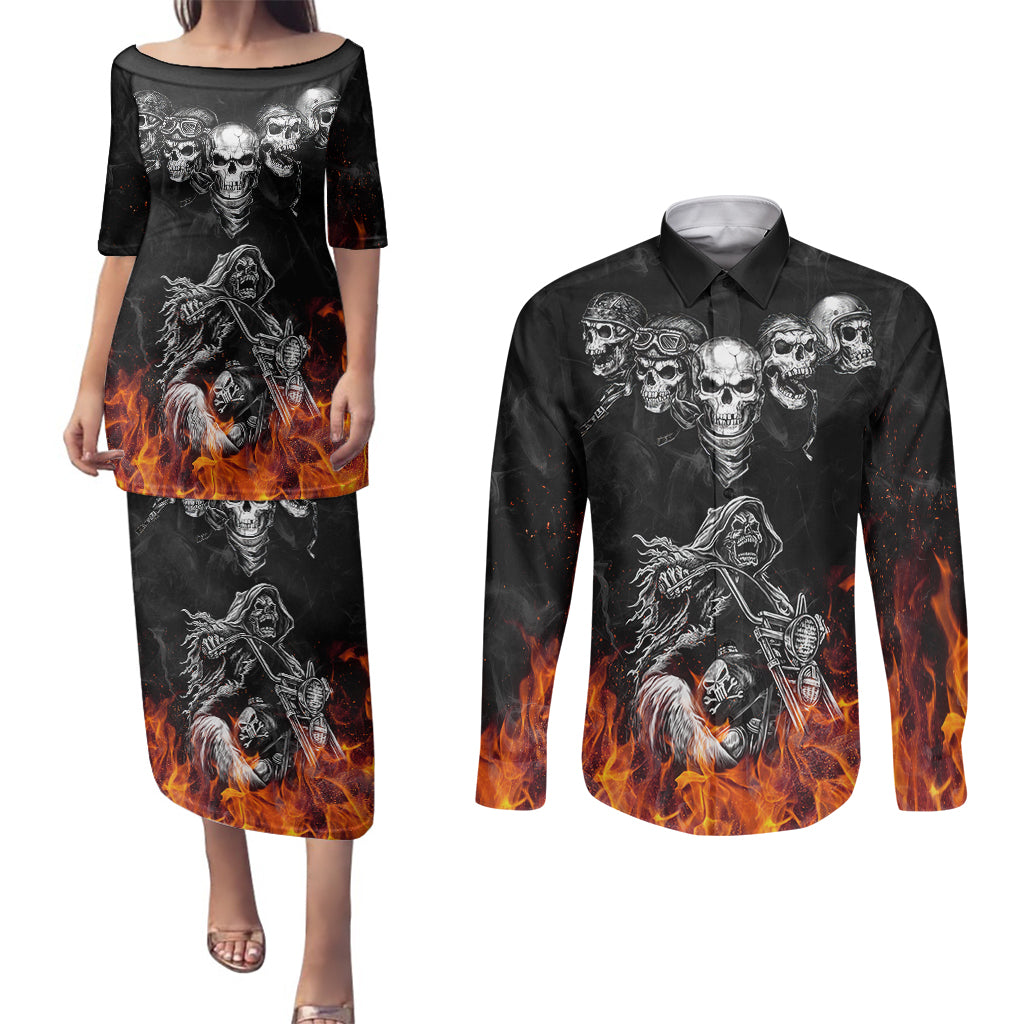 skull-couples-matching-puletasi-dress-and-long-sleeve-button-shirts-five-skull-with-motocycle