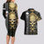 golden-gothic-skull-couples-matching-long-sleeve-bodycon-dress-and-hawaiian-shirt-embracing-ancient-elegance