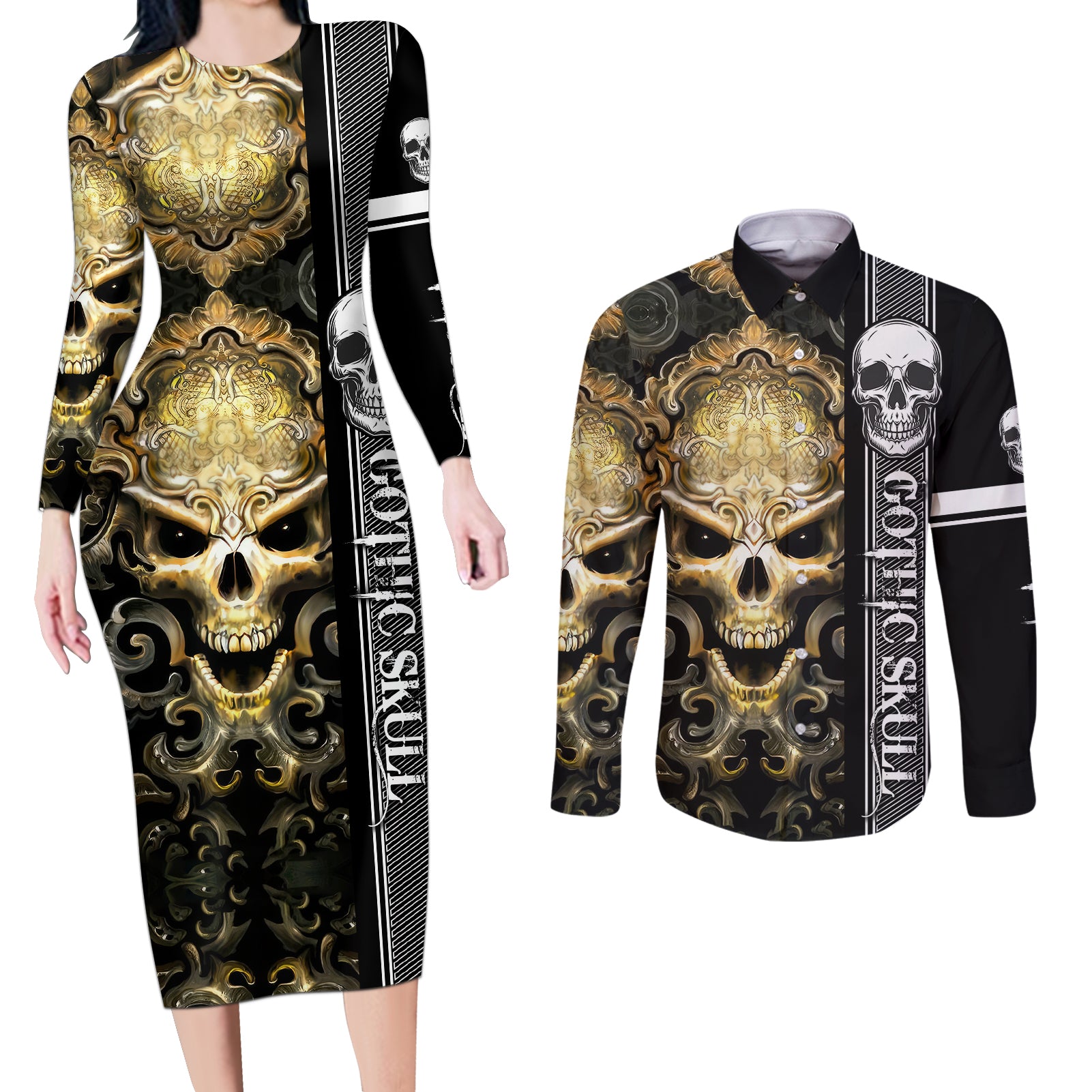 golden-gothic-skull-couples-matching-long-sleeve-bodycon-dress-and-long-sleeve-button-shirts-embracing-ancient-elegance