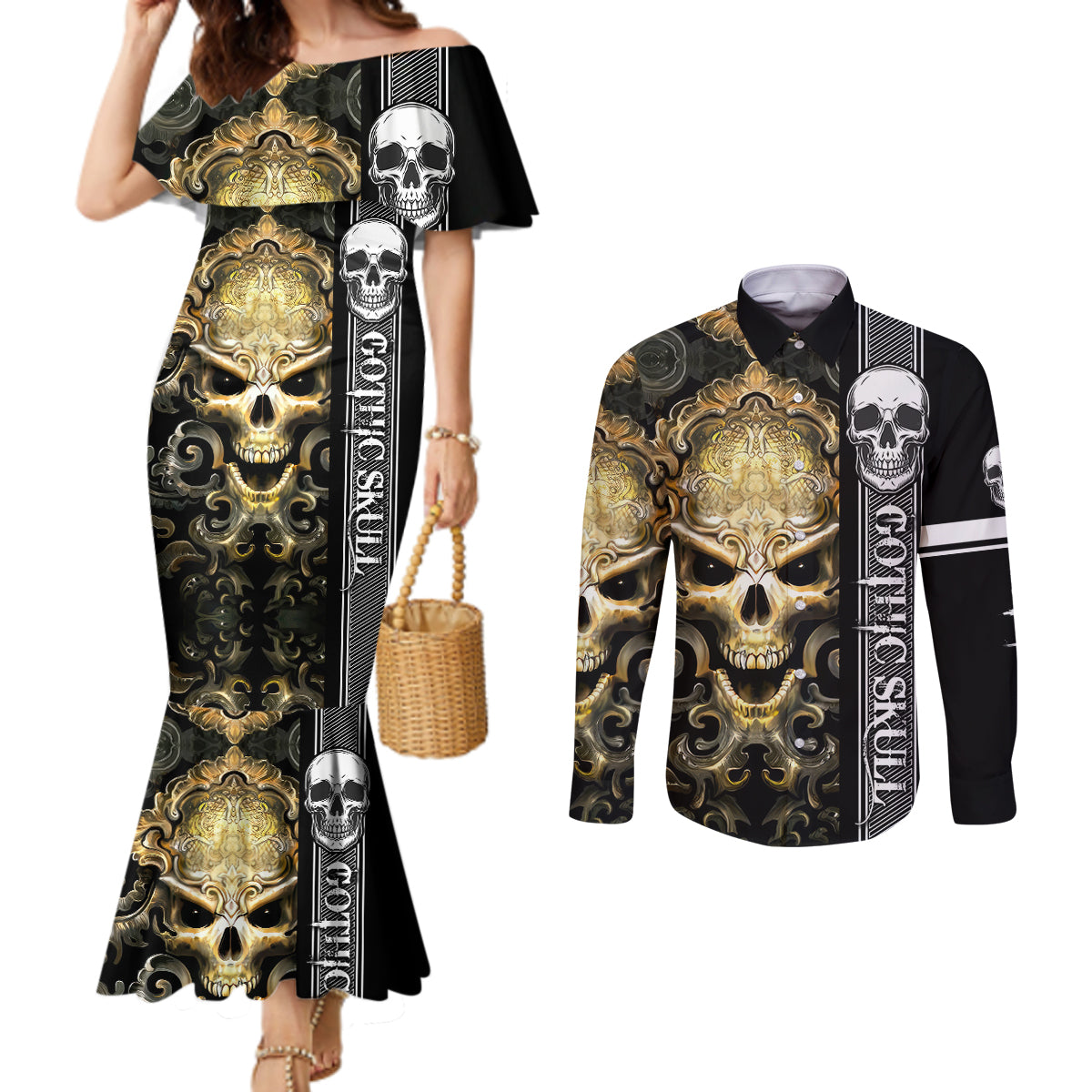 golden-gothic-skull-couples-matching-mermaid-dress-and-long-sleeve-button-shirts-embracing-ancient-elegance