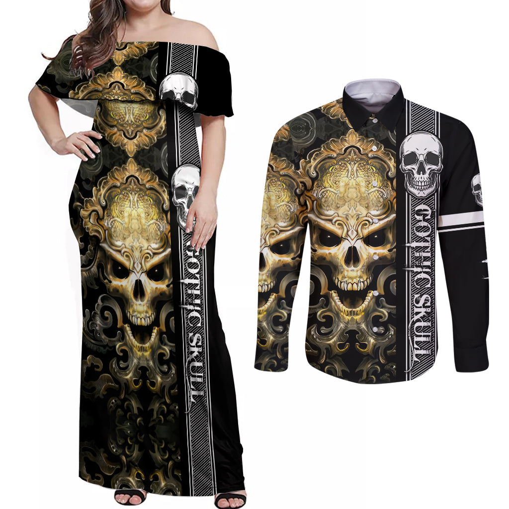 golden-gothic-skull-couples-matching-off-shoulder-maxi-dress-and-long-sleeve-button-shirts-embracing-ancient-elegance