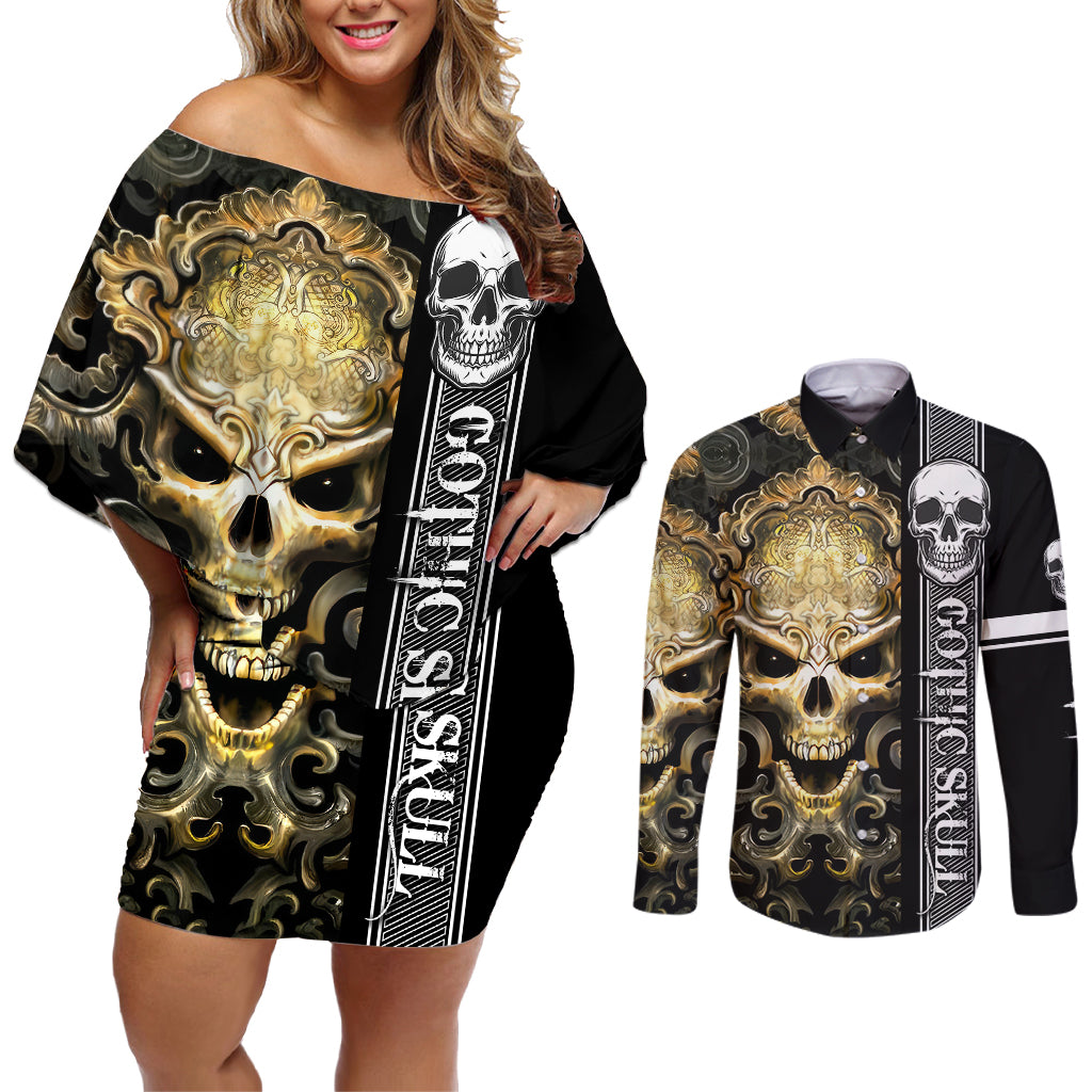 golden-gothic-skull-couples-matching-off-shoulder-short-dress-and-long-sleeve-button-shirts-embracing-ancient-elegance