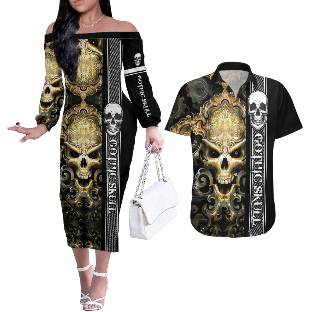 golden-gothic-skull-couples-matching-off-the-shoulder-long-sleeve-dress-and-hawaiian-shirt-embracing-ancient-elegance