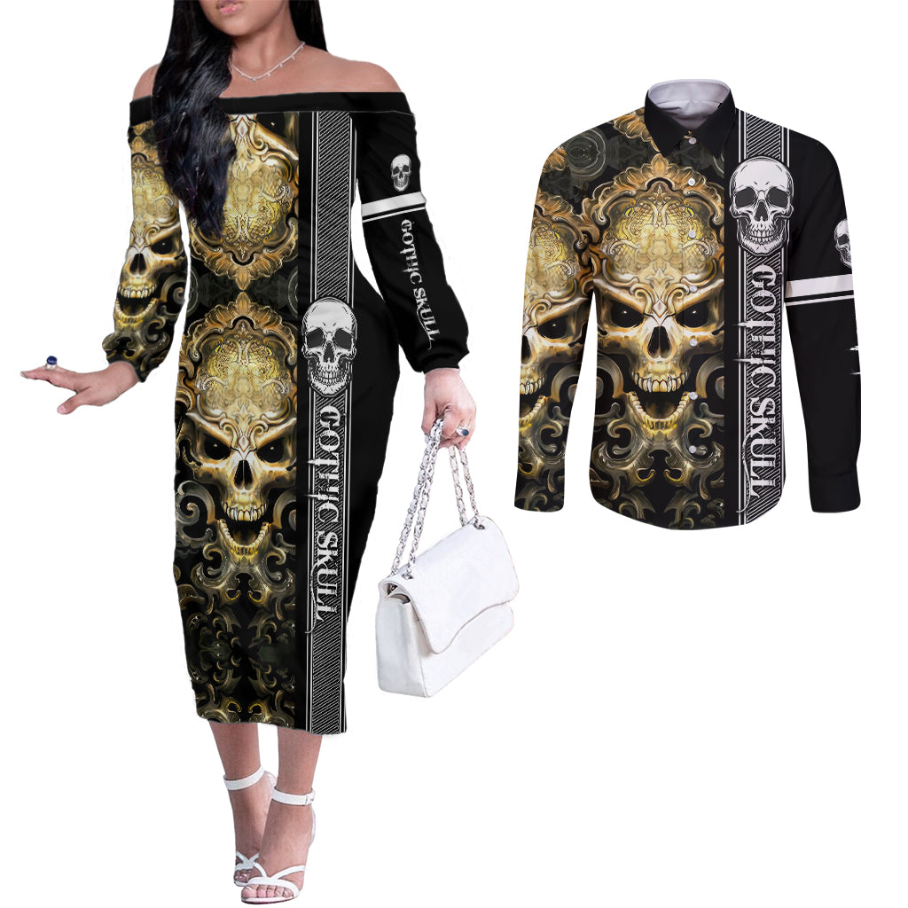 golden-gothic-skull-couples-matching-off-the-shoulder-long-sleeve-dress-and-long-sleeve-button-shirts-embracing-ancient-elegance