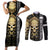 golden-gothic-skull-couples-matching-short-sleeve-bodycon-dress-and-long-sleeve-button-shirts-embracing-ancient-elegance