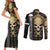 golden-gothic-skull-couples-matching-short-sleeve-bodycon-dress-and-long-sleeve-button-shirts-embracing-ancient-elegance