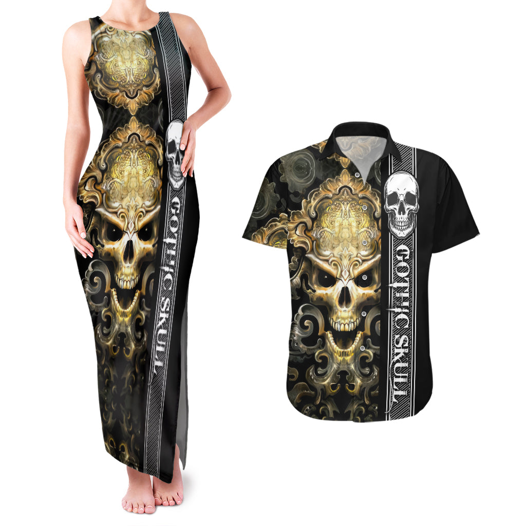 golden-gothic-skull-couples-matching-tank-maxi-dress-and-hawaiian-shirt-embracing-ancient-elegance