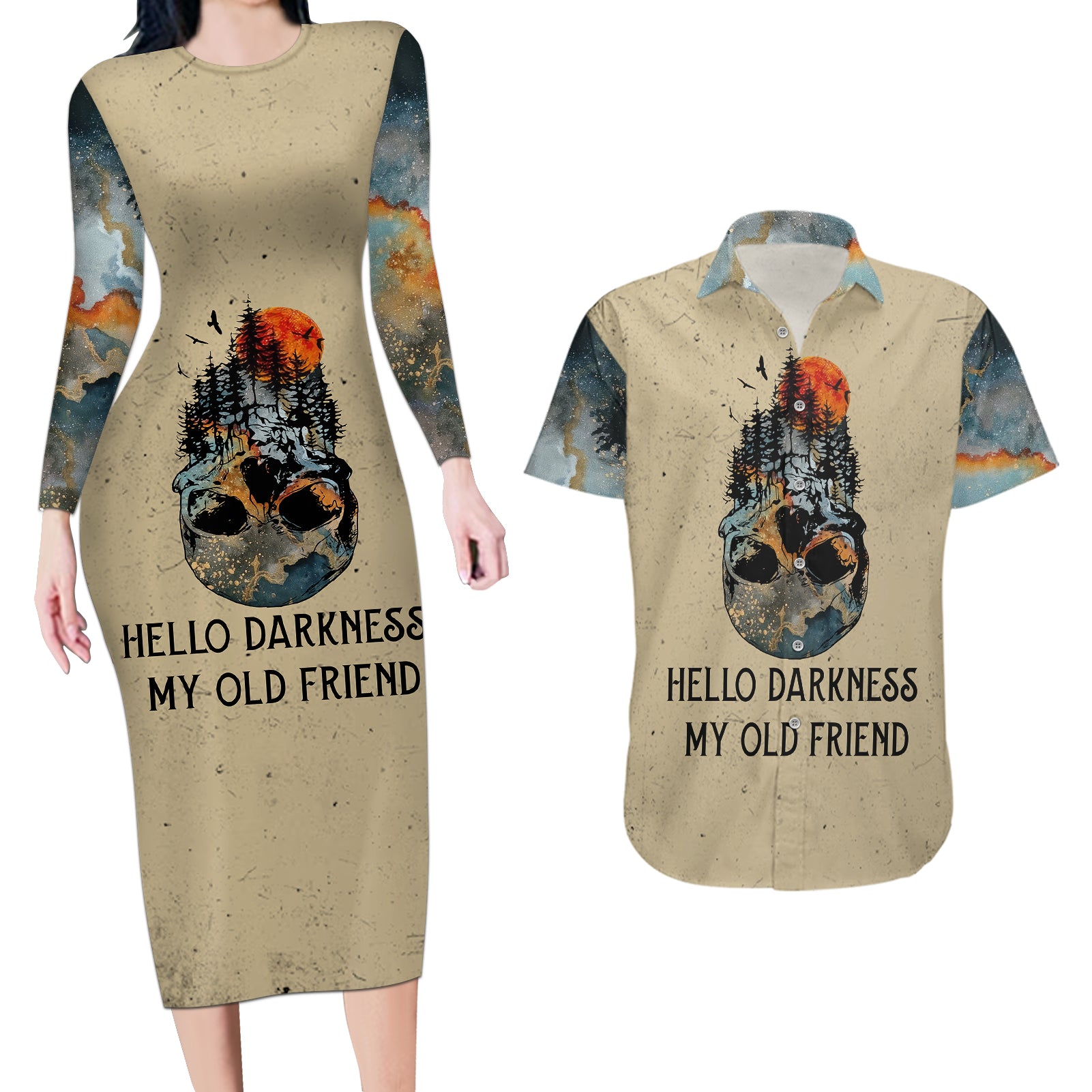 skull-couples-matching-long-sleeve-bodycon-dress-and-hawaiian-shirt-hello-darkness-my-old-friend