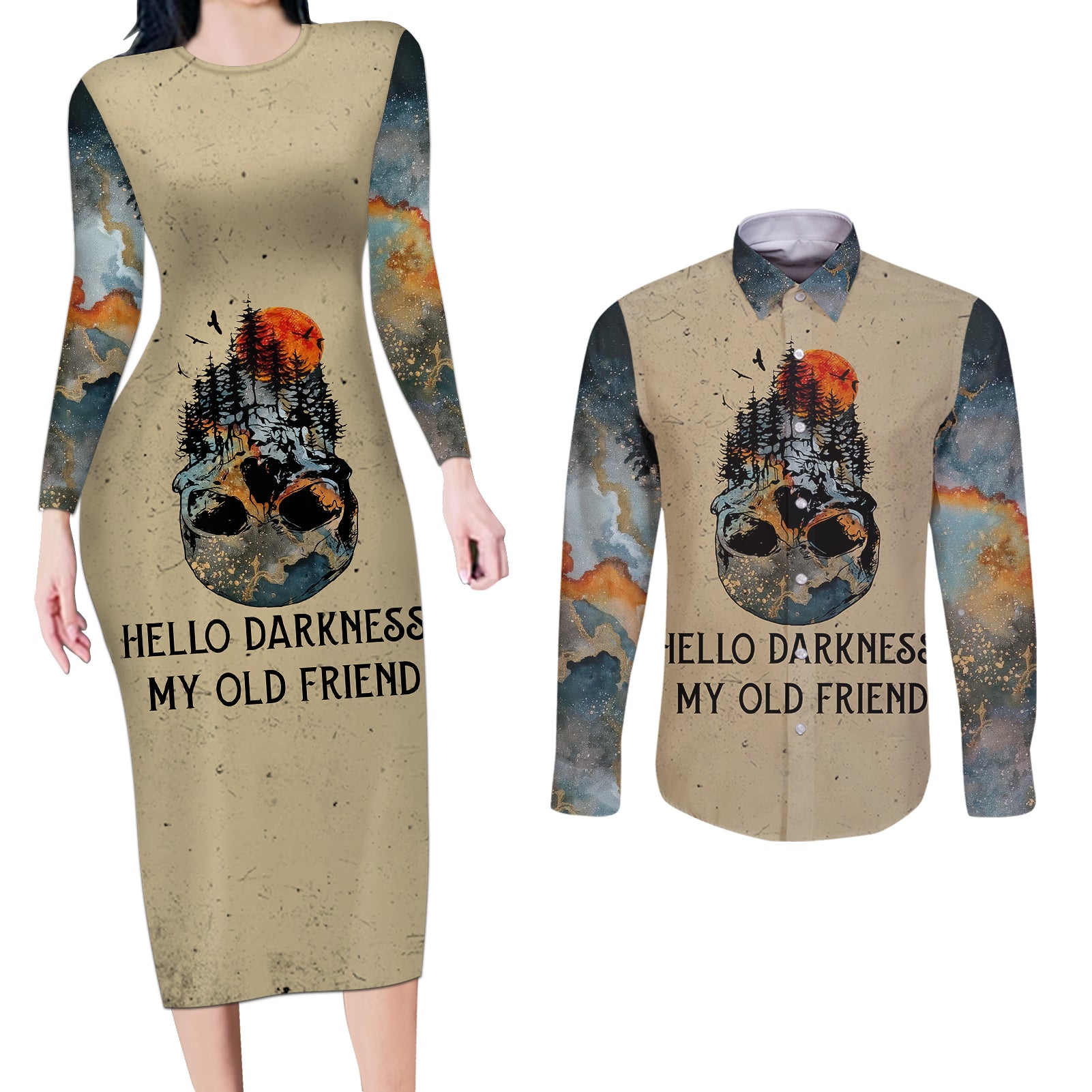 skull-couples-matching-long-sleeve-bodycon-dress-and-long-sleeve-button-shirts-hello-darkness-my-old-friend