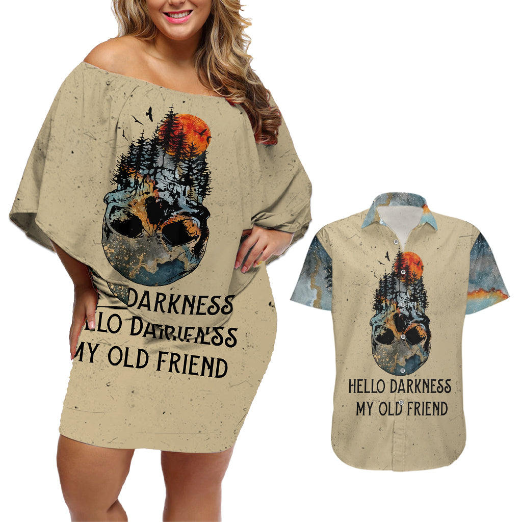 skull-couples-matching-off-shoulder-short-dress-and-hawaiian-shirt-hello-darkness-my-old-friend