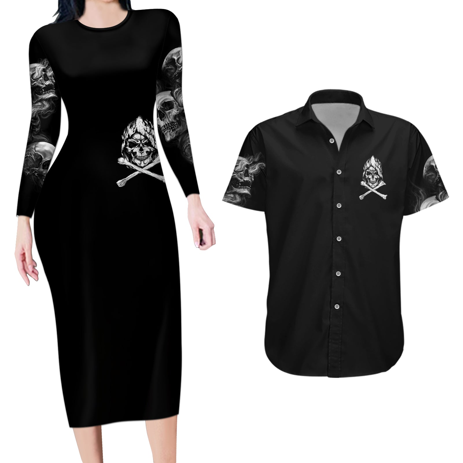 skull-couples-matching-long-sleeve-bodycon-dress-and-hawaiian-shirt-i-can-fix-stupid