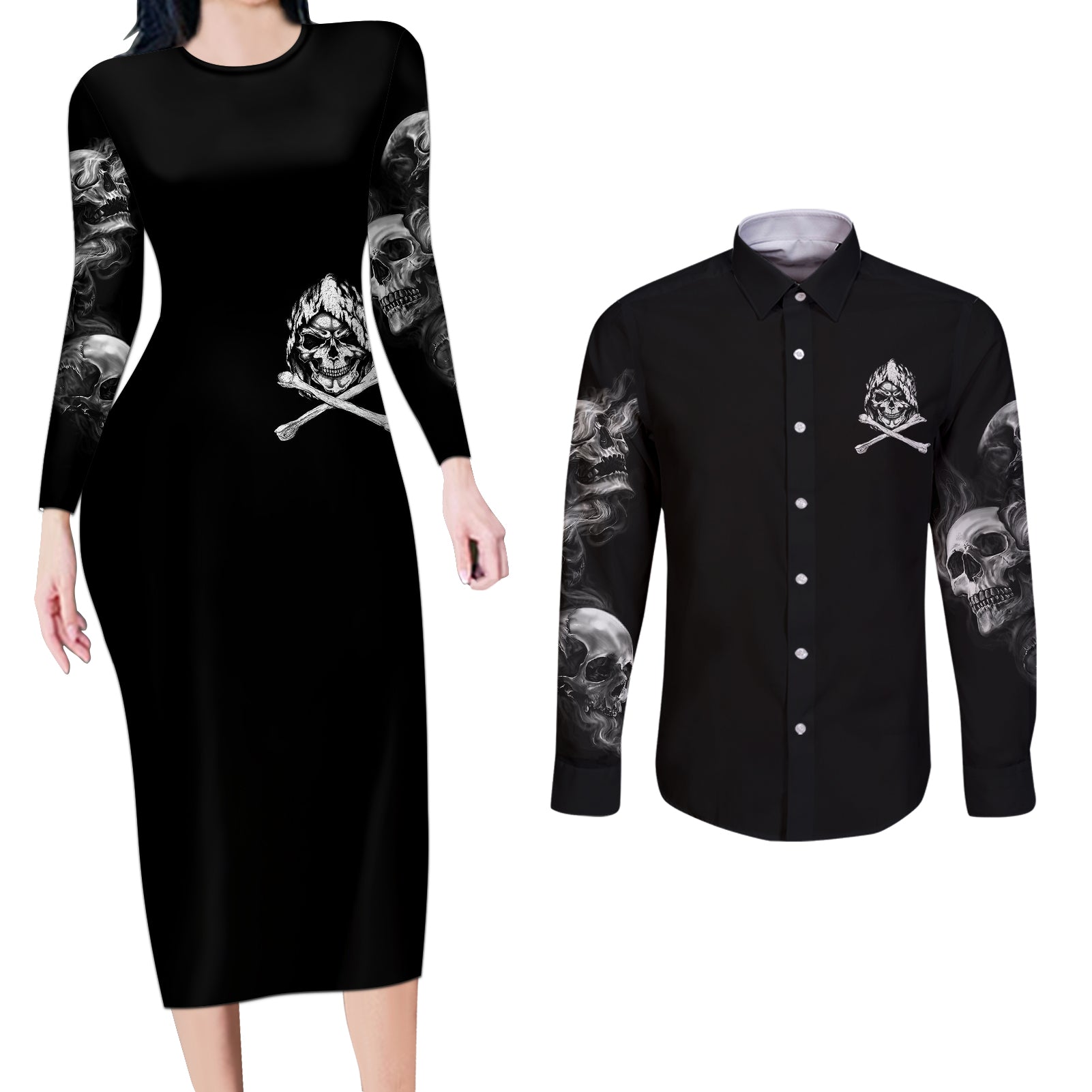 skull-couples-matching-long-sleeve-bodycon-dress-and-long-sleeve-button-shirts-i-can-fix-stupid