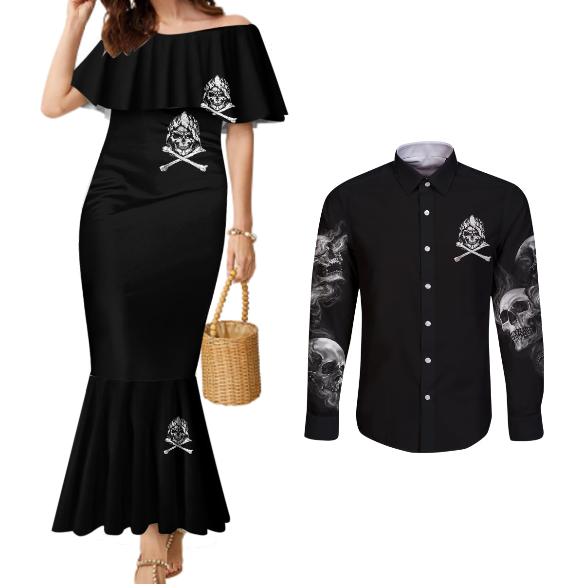 skull-couples-matching-mermaid-dress-and-long-sleeve-button-shirts-i-can-fix-stupid