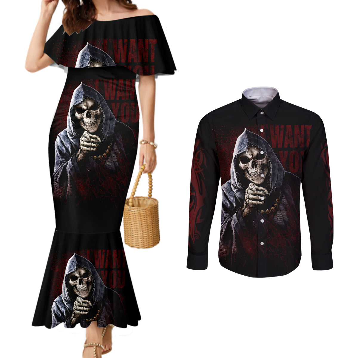 reaper-couples-matching-mermaid-dress-and-long-sleeve-button-shirts-uncle-death-angel-peace-skull