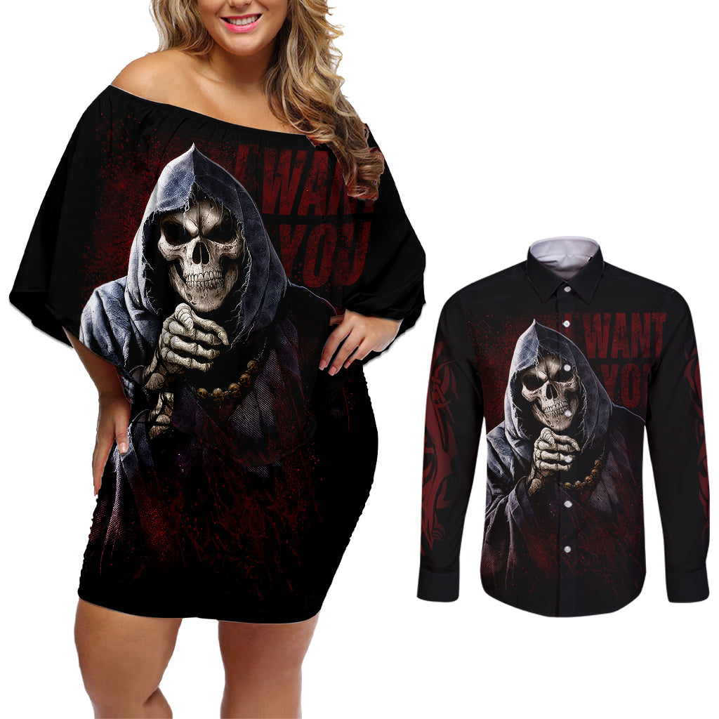 reaper-couples-matching-off-shoulder-short-dress-and-long-sleeve-button-shirts-uncle-death-angel-peace-skull