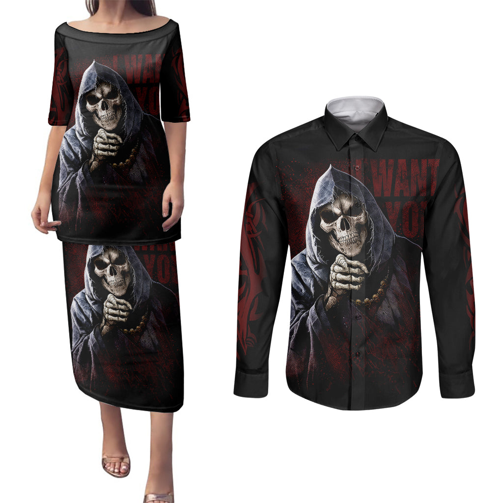 reaper-couples-matching-puletasi-dress-and-long-sleeve-button-shirts-uncle-death-angel-peace-skull