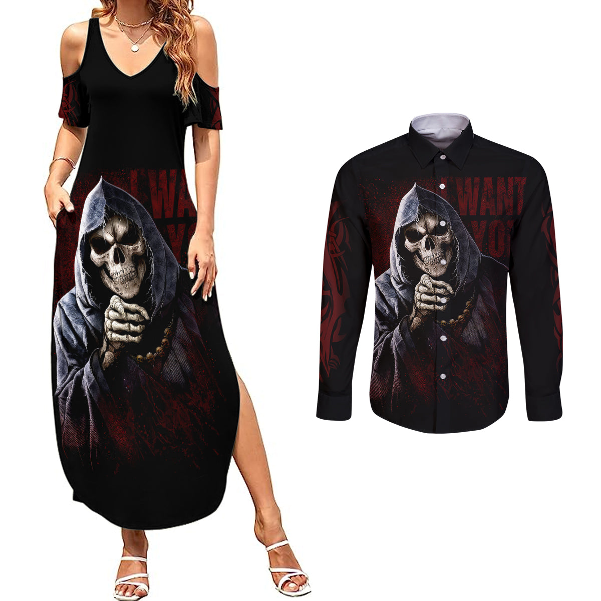 reaper-couples-matching-summer-maxi-dress-and-long-sleeve-button-shirts-uncle-death-angel-peace-skull