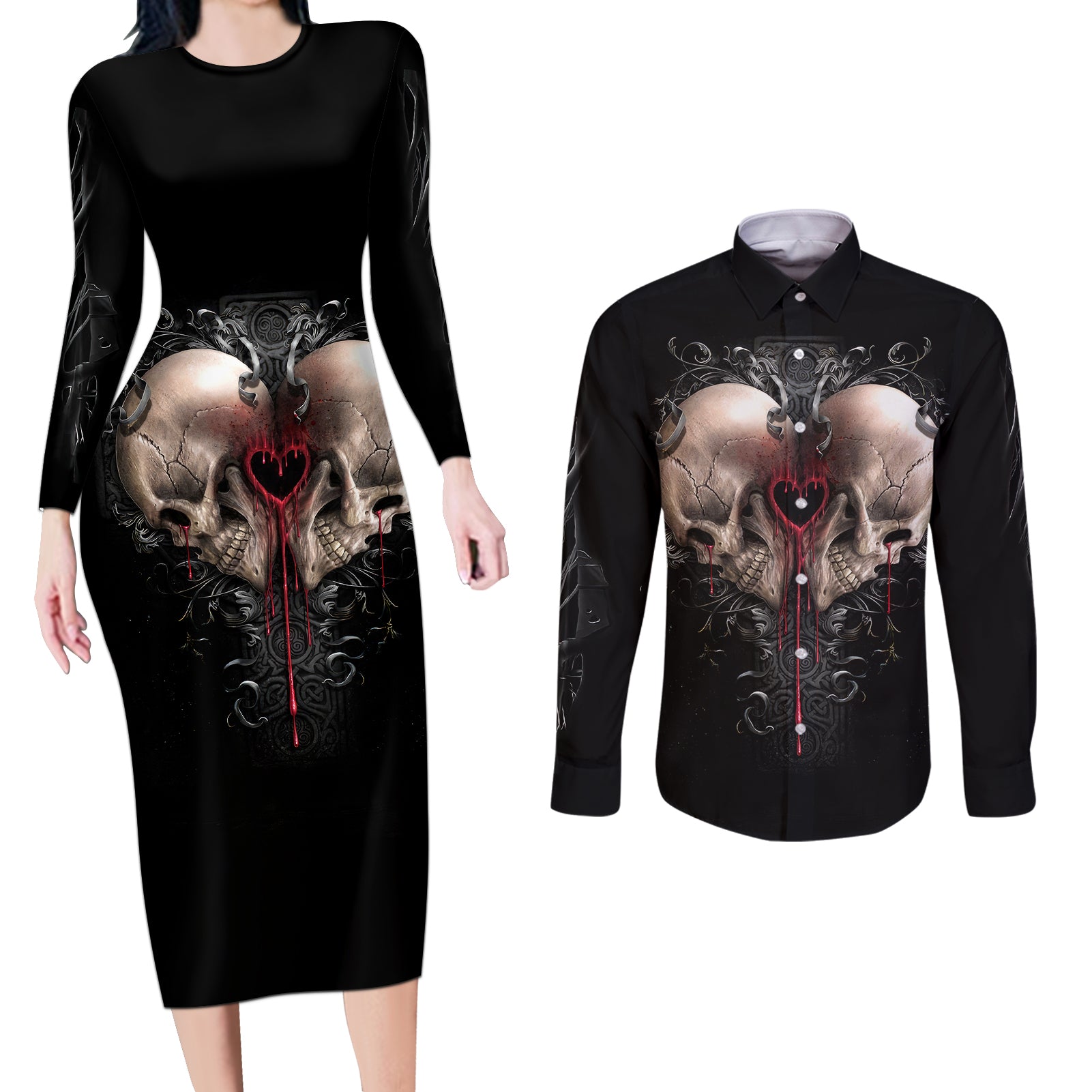 reaper-heart-couples-matching-long-sleeve-bodycon-dress-and-long-sleeve-button-shirts-eternal-embrace-uniting-souls-in-the-realm-of-skulls