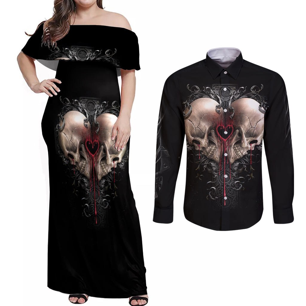 reaper-heart-couples-matching-off-shoulder-maxi-dress-and-long-sleeve-button-shirts-eternal-embrace-uniting-souls-in-the-realm-of-skulls