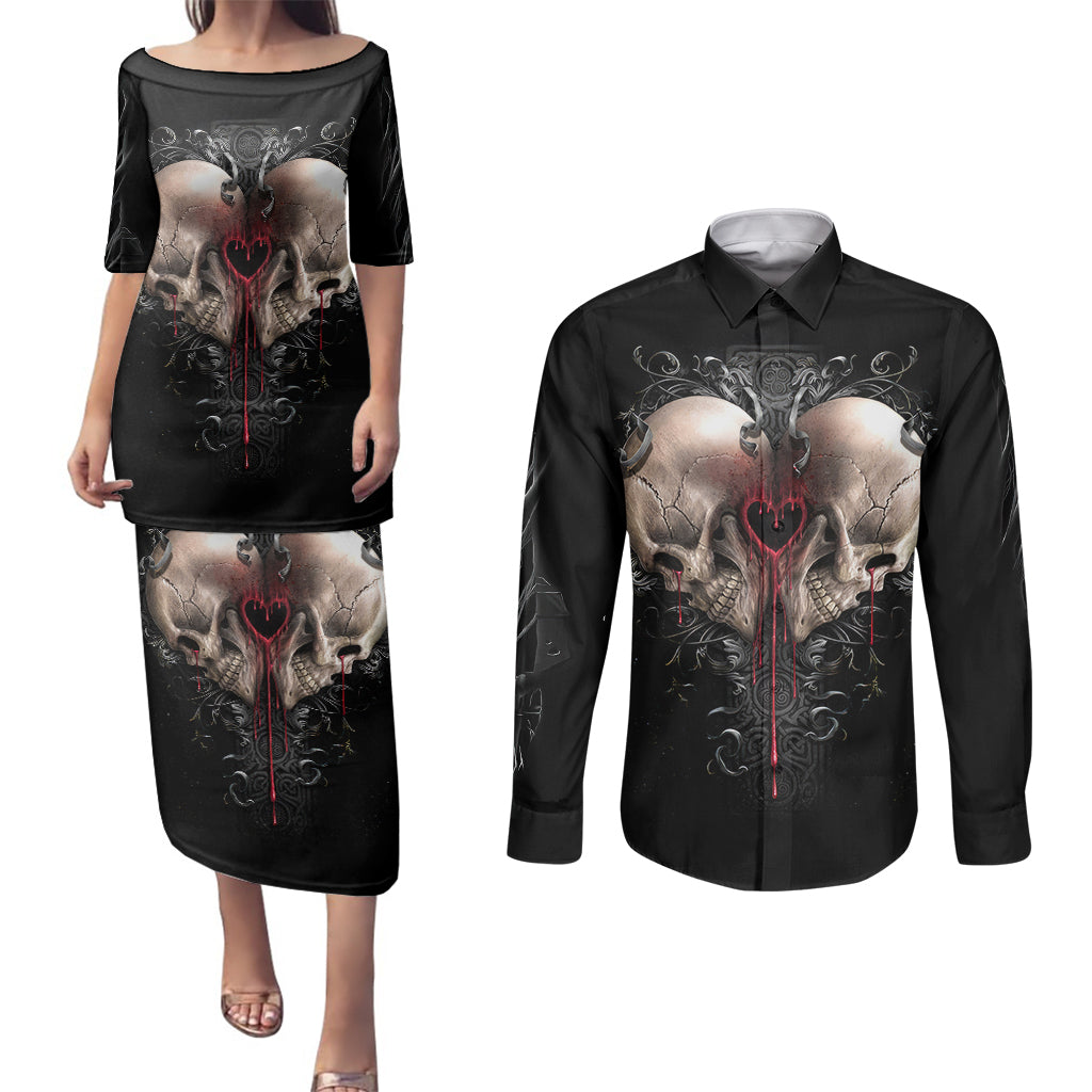 reaper-heart-couples-matching-puletasi-dress-and-long-sleeve-button-shirts-eternal-embrace-uniting-souls-in-the-realm-of-skulls