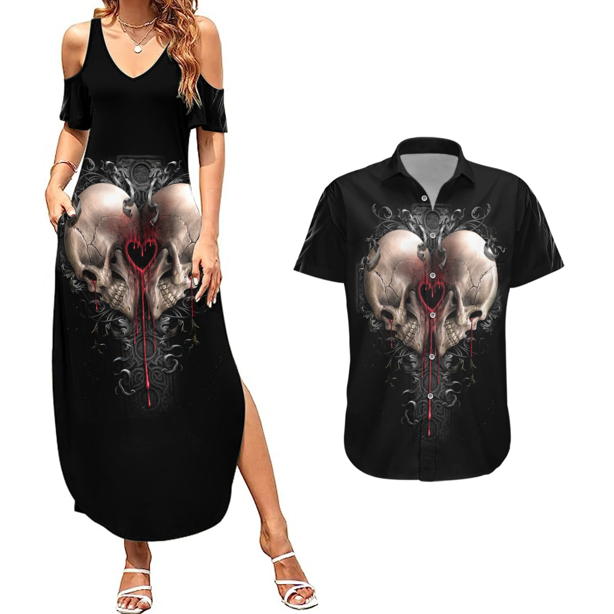 reaper-heart-couples-matching-summer-maxi-dress-and-hawaiian-shirt-eternal-embrace-uniting-souls-in-the-realm-of-skulls