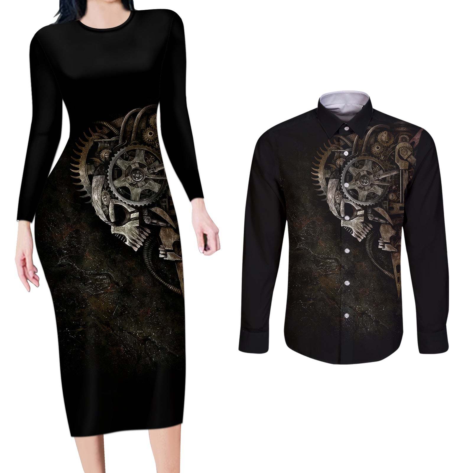 unveiling-the-mechanical-skull-couples-matching-long-sleeve-bodycon-dress-and-long-sleeve-button-shirts-cybernetic-enigma