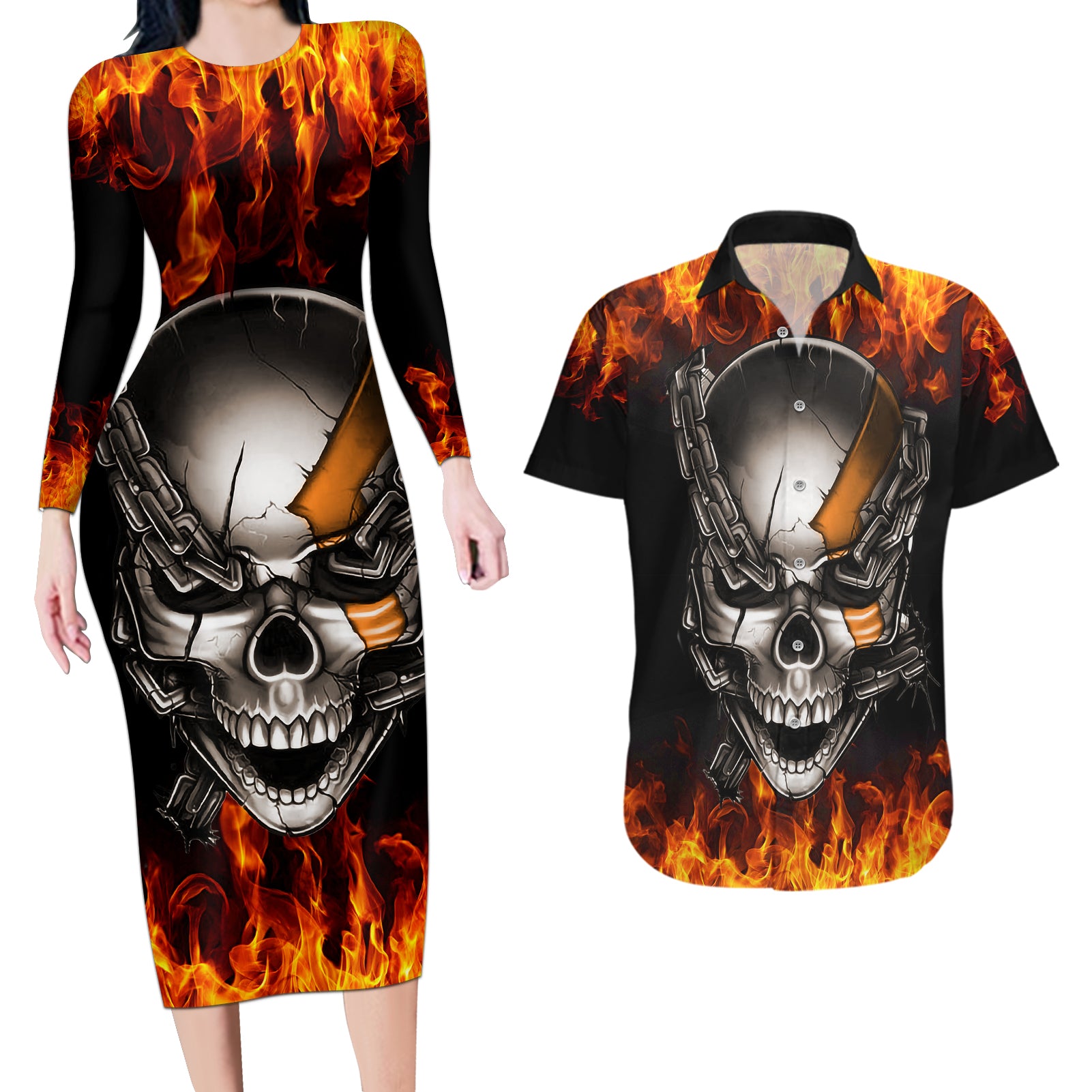 metal-skull-couples-matching-long-sleeve-bodycon-dress-and-hawaiian-shirt-infernal-chains-in-fiery-abyss