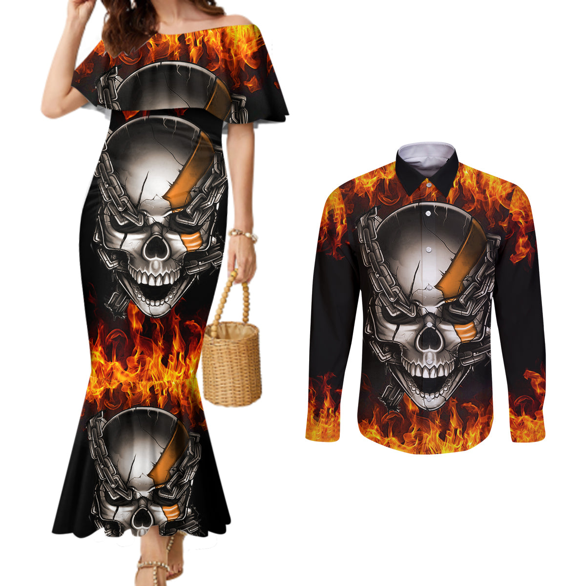 metal-skull-couples-matching-mermaid-dress-and-long-sleeve-button-shirts-infernal-chains-in-fiery-abyss