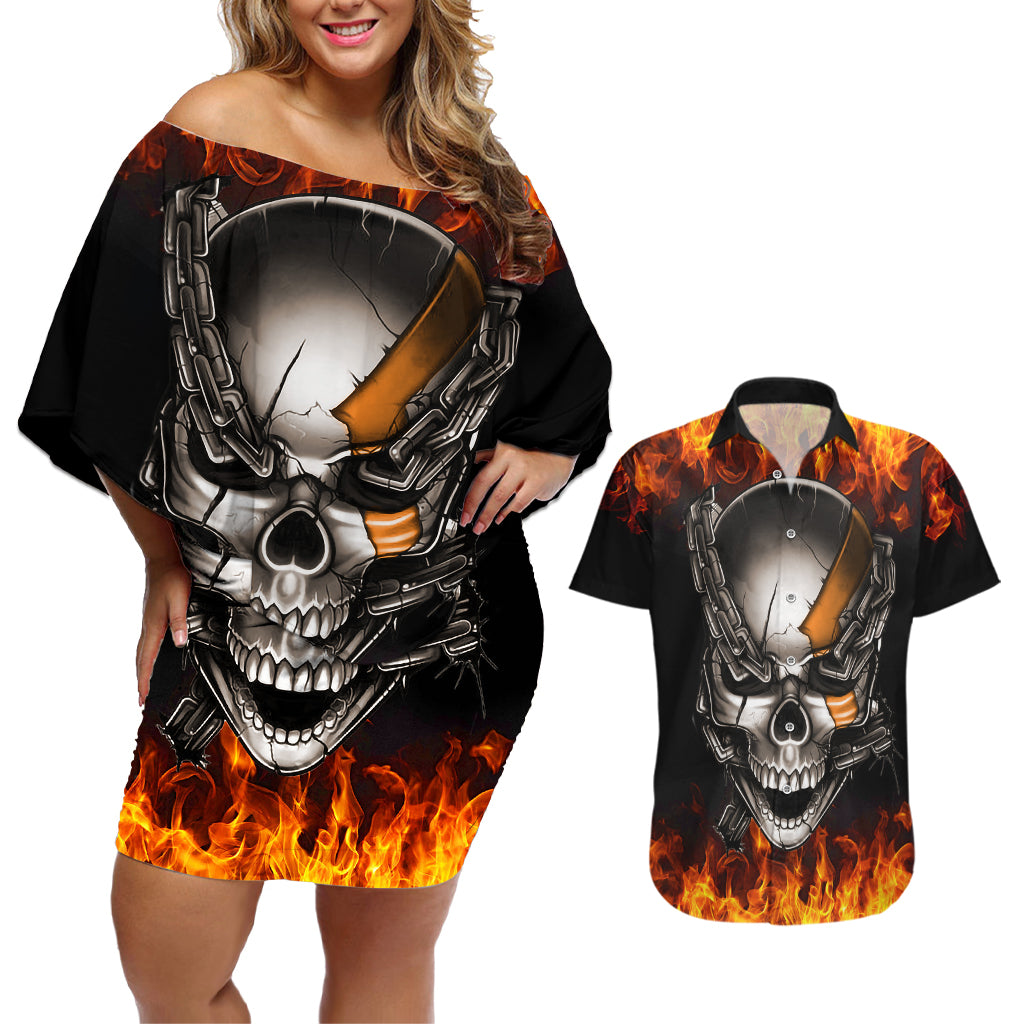 metal-skull-couples-matching-off-shoulder-short-dress-and-hawaiian-shirt-infernal-chains-in-fiery-abyss