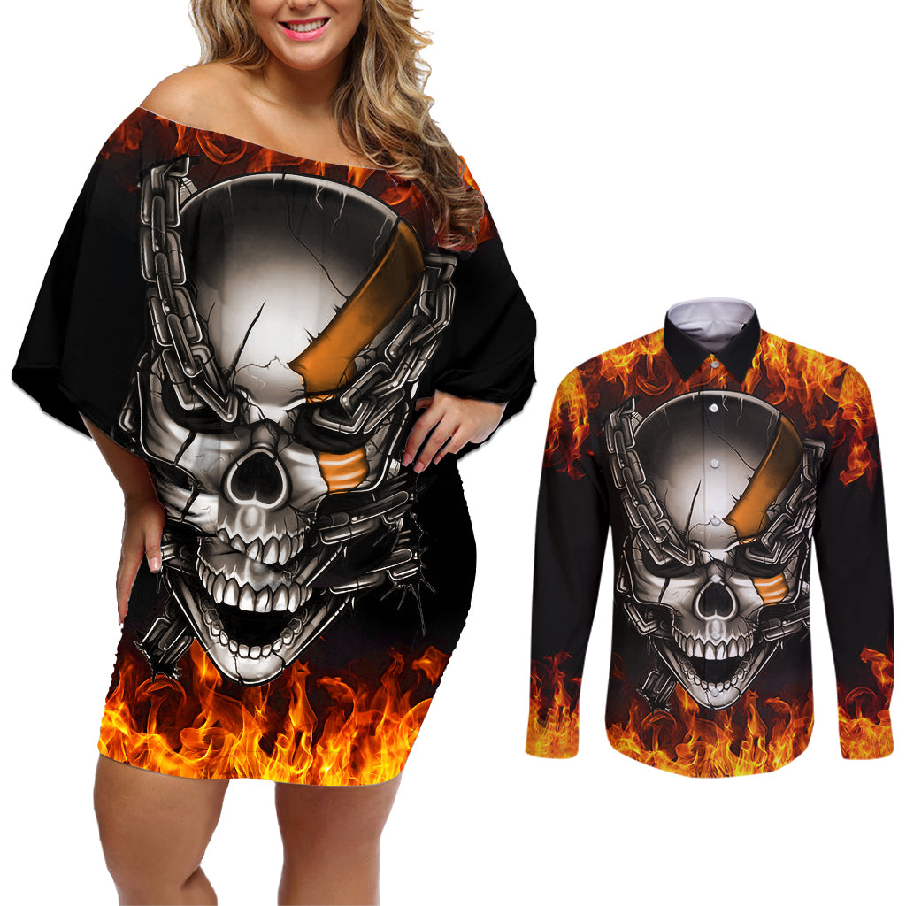 metal-skull-couples-matching-off-shoulder-short-dress-and-long-sleeve-button-shirts-infernal-chains-in-fiery-abyss