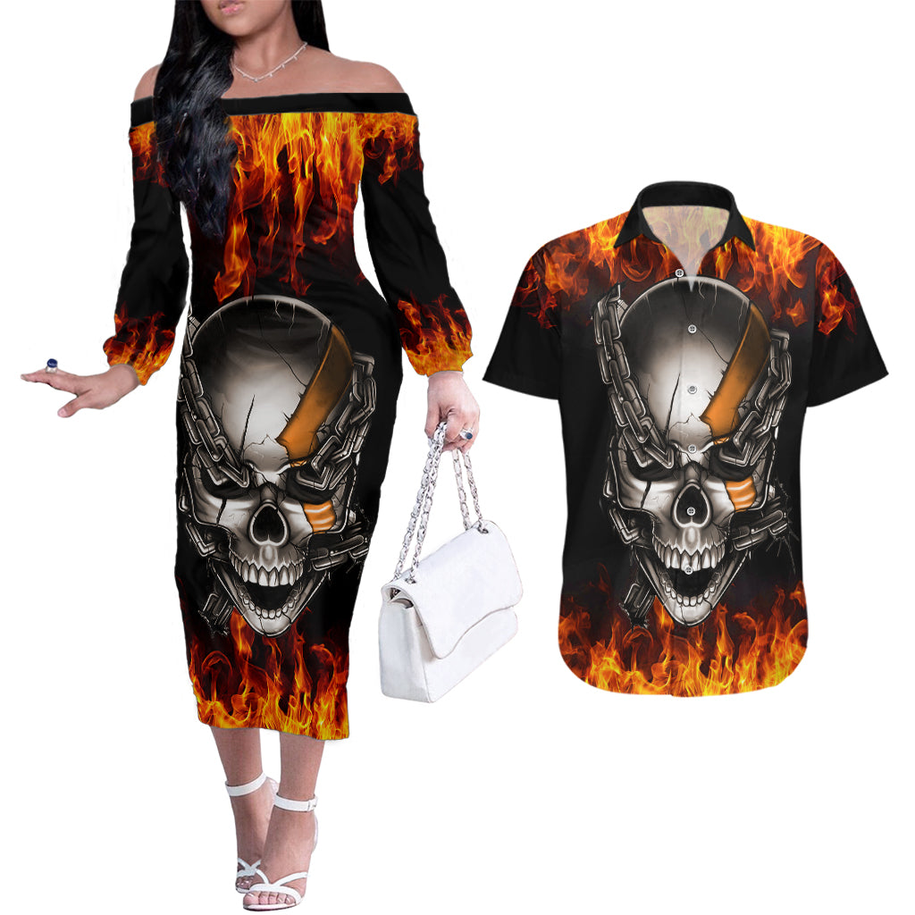 metal-skull-couples-matching-off-the-shoulder-long-sleeve-dress-and-hawaiian-shirt-infernal-chains-in-fiery-abyss