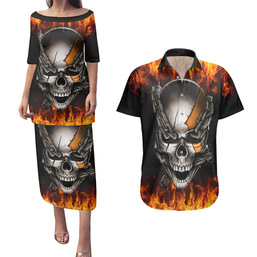 metal-skull-couples-matching-puletasi-dress-and-hawaiian-shirt-infernal-chains-in-fiery-abyss