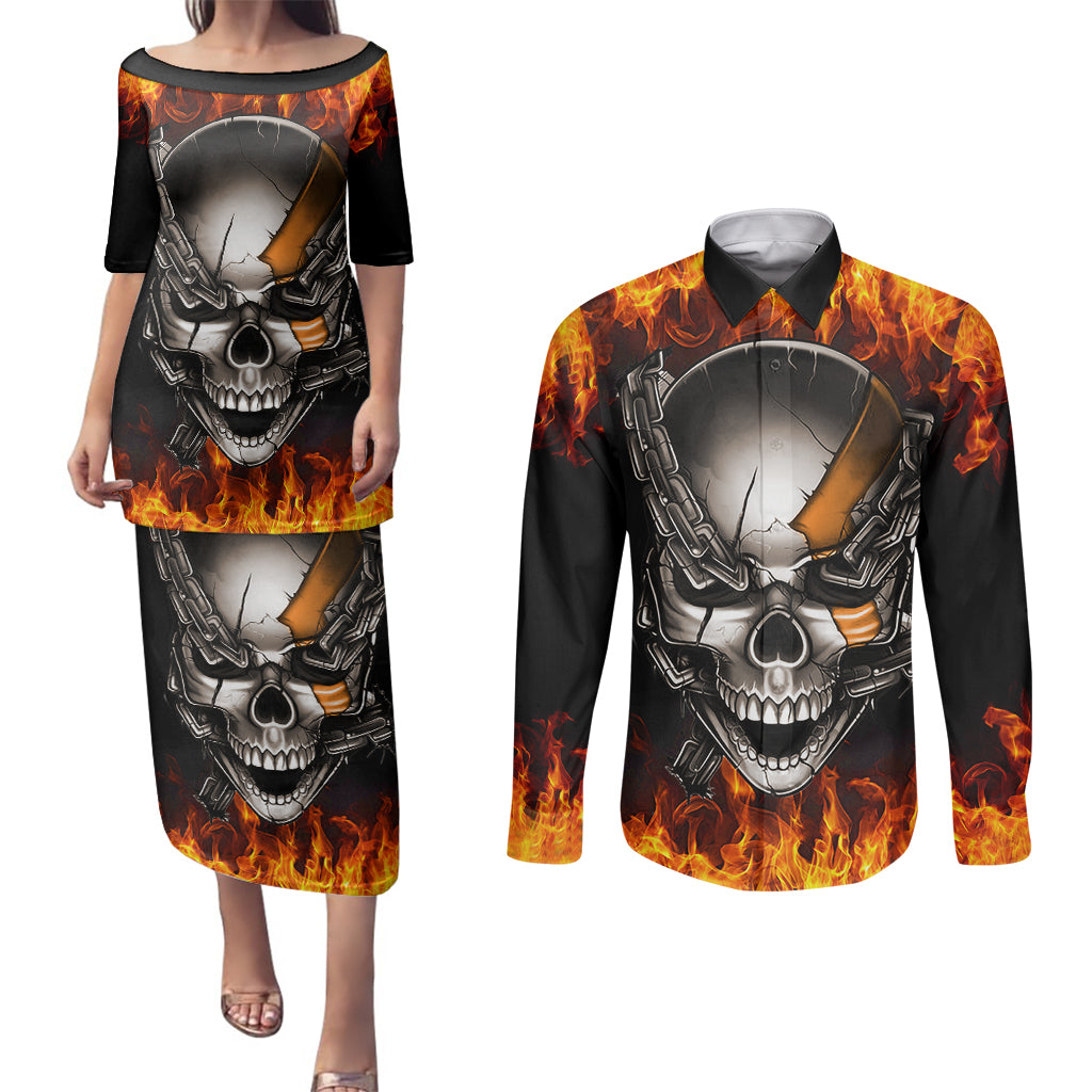 metal-skull-couples-matching-puletasi-dress-and-long-sleeve-button-shirts-infernal-chains-in-fiery-abyss