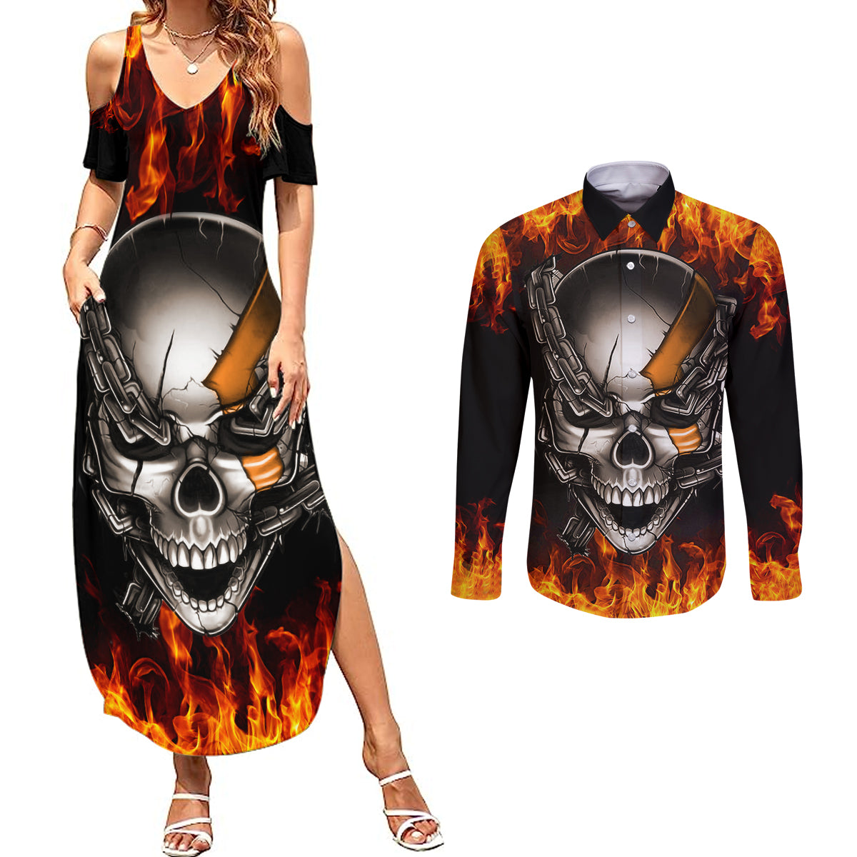 metal-skull-couples-matching-summer-maxi-dress-and-long-sleeve-button-shirts-infernal-chains-in-fiery-abyss