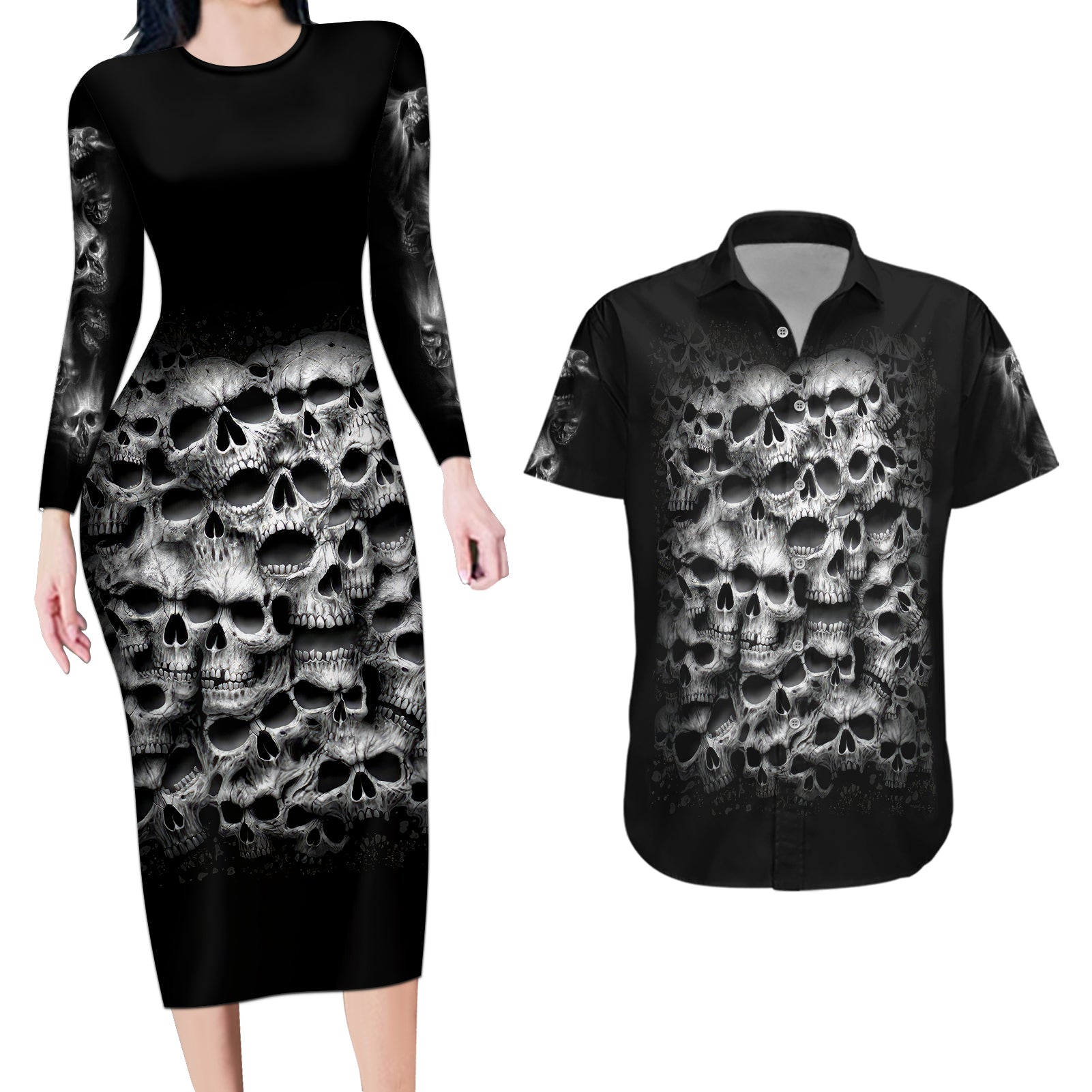 skull-couples-matching-long-sleeve-bodycon-dress-and-hawaiian-shirt-twisted-head-skull