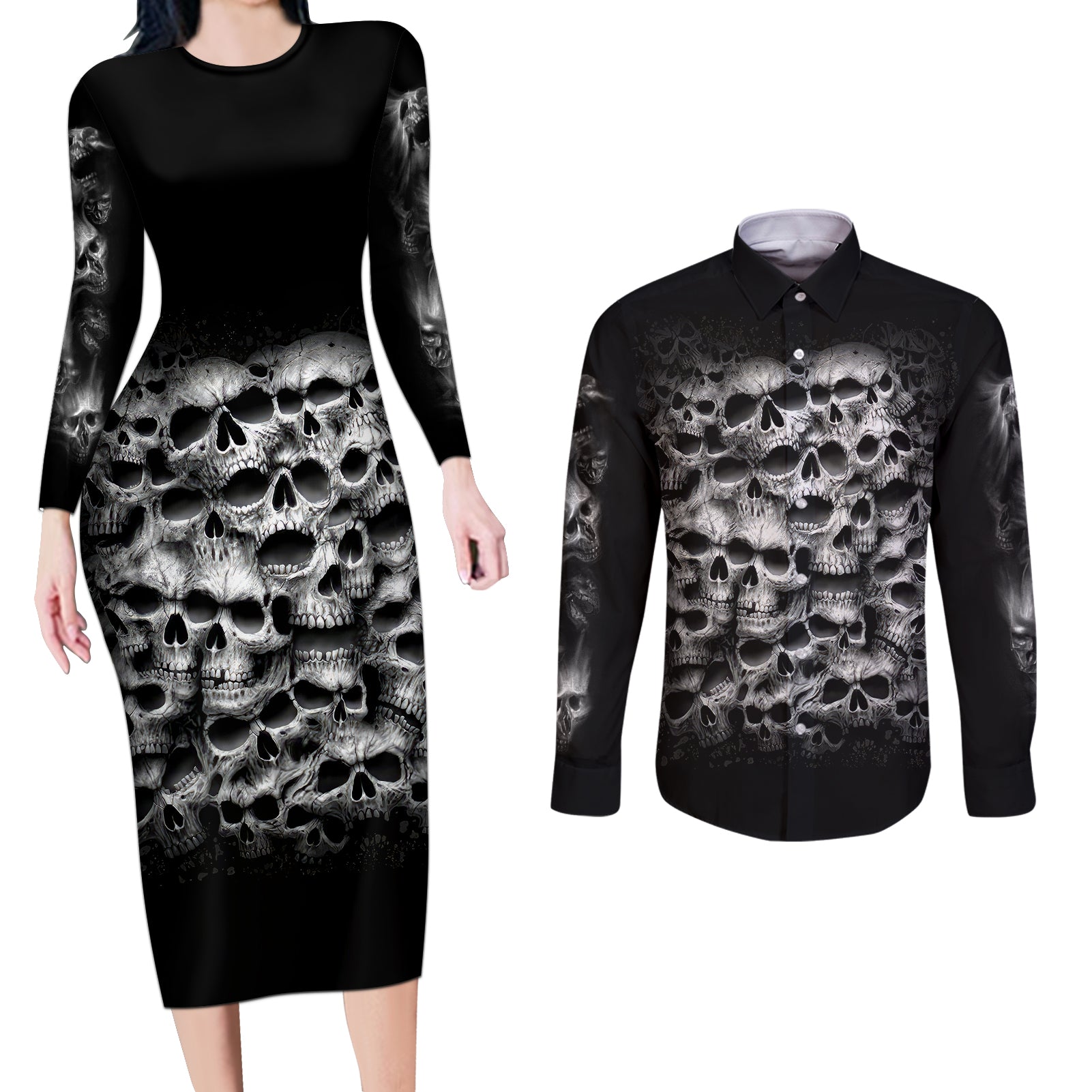 skull-couples-matching-long-sleeve-bodycon-dress-and-long-sleeve-button-shirts-twisted-head-skull