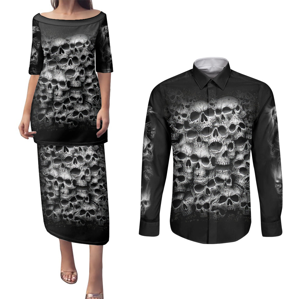 skull-couples-matching-puletasi-dress-and-long-sleeve-button-shirts-twisted-head-skull