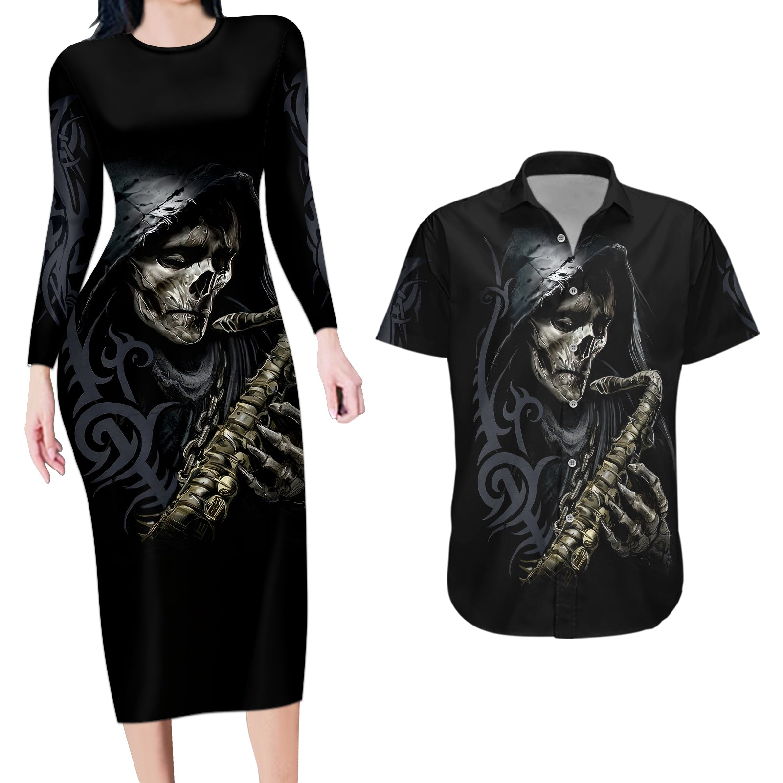 skull-couples-matching-long-sleeve-bodycon-dress-and-hawaiian-shirt-musician-of-death