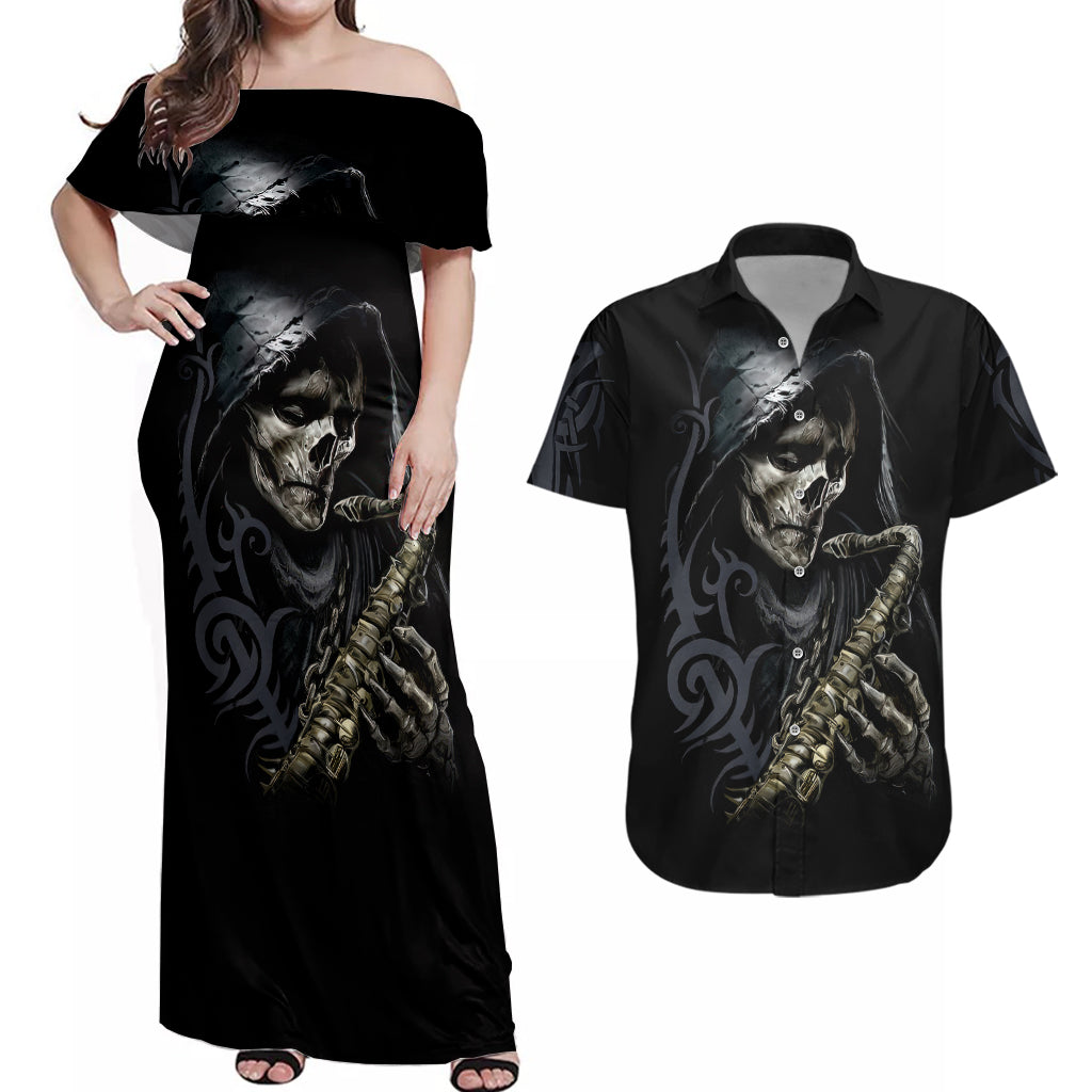 skull-couples-matching-off-shoulder-maxi-dress-and-hawaiian-shirt-musician-of-death